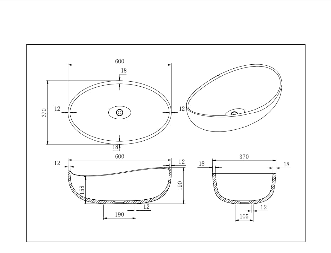 Lukka Waverton Solid Surface Stone Above Counter Basin 600×370×190 mm | Gloss White, Matt White, Matt Black